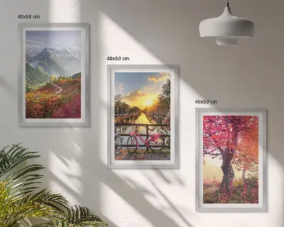 Set de 3 cuadros para salón con diseño de paisajes de montaña en bicicleta