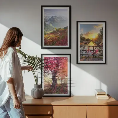 Set de 3 cuadros para salón con diseño de paisajes de montaña en bicicleta
