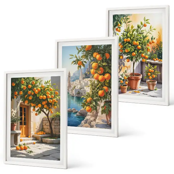 Set de 3 cuadros para salón con diseño de paisajes de cítricos pintados