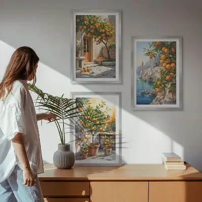 Set de 3 cuadros para salón con diseño de paisajes de cítricos pintados