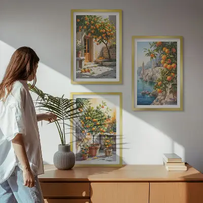 Set de 3 cuadros para salón con diseño de paisajes de cítricos pintados