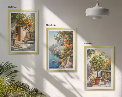 Set de 3 cuadros para salón con diseño de paisajes de cítricos pintados