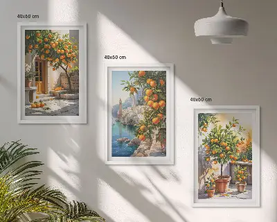 Set de 3 cuadros para salón con diseño de paisajes de cítricos pintados