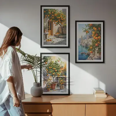 Set de 3 cuadros para salón con diseño de paisajes de cítricos pintados