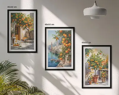 Set de 3 cuadros para salón con diseño de paisajes de cítricos pintados