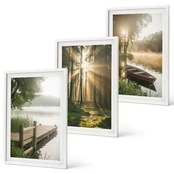Juego de 3 cuadros con paisaje de lago, bosque y barco con niebla matutina