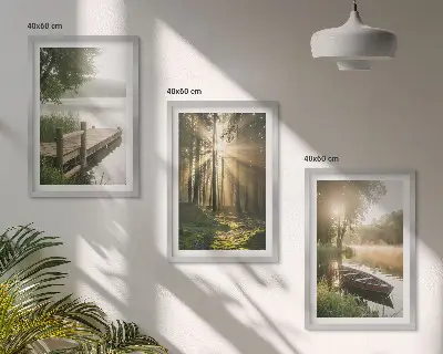 Juego de 3 cuadros con paisaje de lago, bosque y barco con niebla matutina