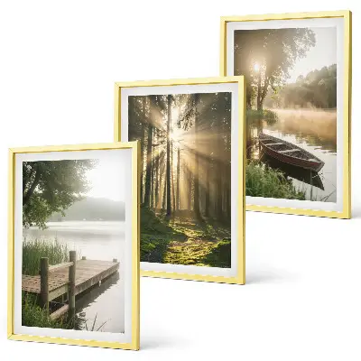 Juego de 3 cuadros con paisaje de lago, bosque y barco con niebla matutina