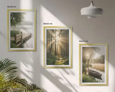 Juego de 3 cuadros con paisaje de lago, bosque y barco con niebla matutina
