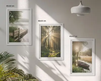 Juego de 3 cuadros con paisaje de lago, bosque y barco con niebla matutina