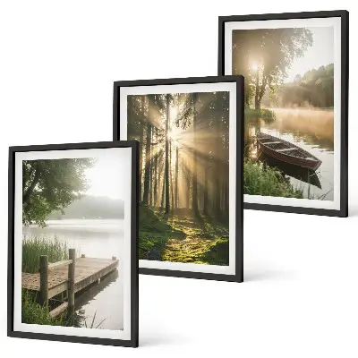 Juego de 3 cuadros con paisaje de lago, bosque y barco con niebla matutina