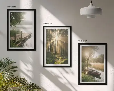 Juego de 3 cuadros con paisaje de lago, bosque y barco con niebla matutina