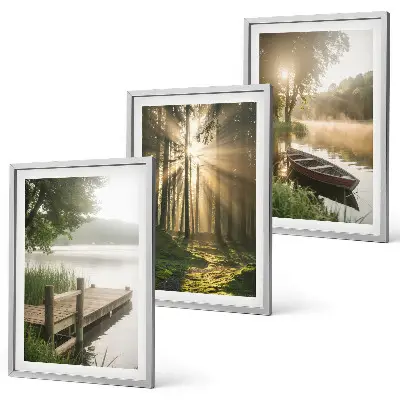Juego de 3 cuadros con paisaje de lago, bosque y barco con niebla matutina