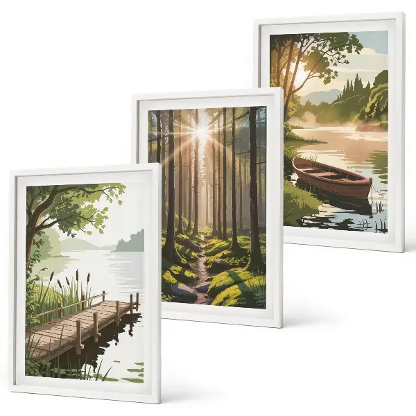 Set de 3 cuadros para salón con paisaje de bosque, lago y barco