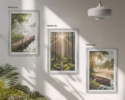 Set de 3 cuadros para salón con paisaje de bosque, lago y barco