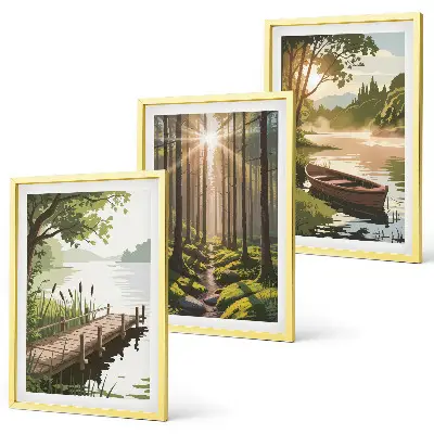 Set de 3 cuadros para salón con paisaje de bosque, lago y barco