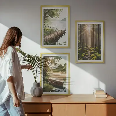 Set de 3 cuadros para salón con paisaje de bosque, lago y barco