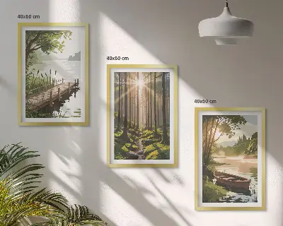 Set de 3 cuadros para salón con paisaje de bosque, lago y barco