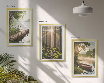 Set de 3 cuadros para salón Paisaje del bosque, lago, barco
