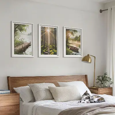 Set de 3 cuadros para salón con paisaje de bosque, lago y barco