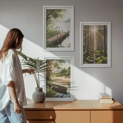 Set de 3 cuadros para salón con paisaje de bosque, lago y barco