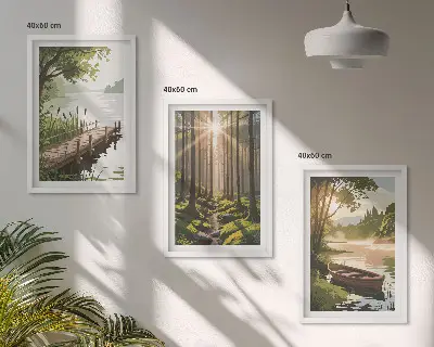 Set de 3 cuadros para salón con paisaje de bosque, lago y barco