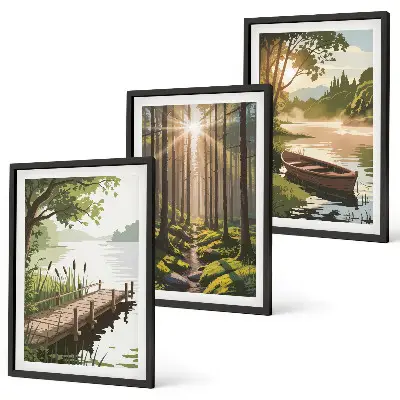 Set de 3 cuadros para salón con paisaje de bosque, lago y barco