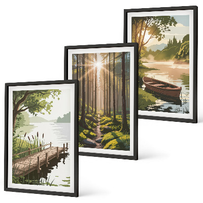 Set de 3 cuadros para salón Paisaje del bosque, lago, barco