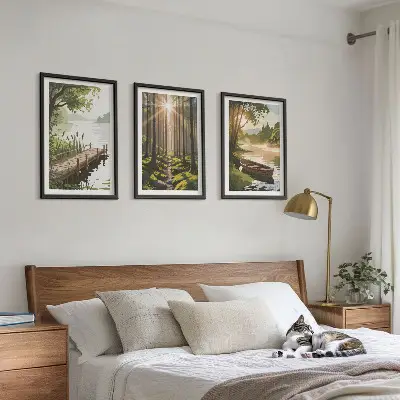 Set de 3 cuadros para salón con paisaje de bosque, lago y barco