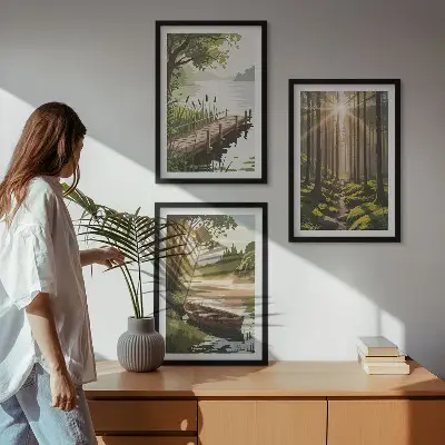 Set de 3 cuadros para salón con paisaje de bosque, lago y barco