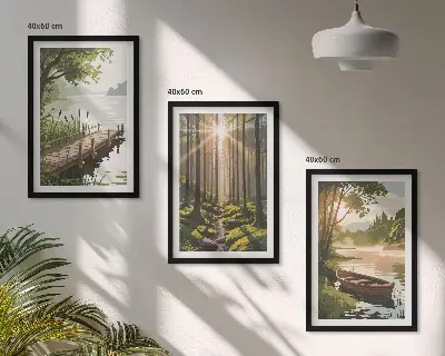 Set de 3 cuadros para salón con paisaje de bosque, lago y barco