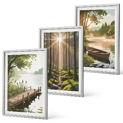 Set de 3 cuadros para salón con paisaje de bosque, lago y barco