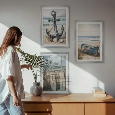 Juego de 3 cuadros con diseño de anclaje de barco, remos y temática de playa