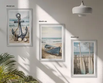 Juego de 3 cuadros con diseño de anclaje de barco, remos y temática de playa
