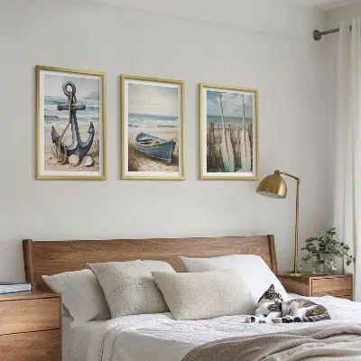 Juego de 3 cuadros con diseño de anclaje de barco, remos y temática de playa