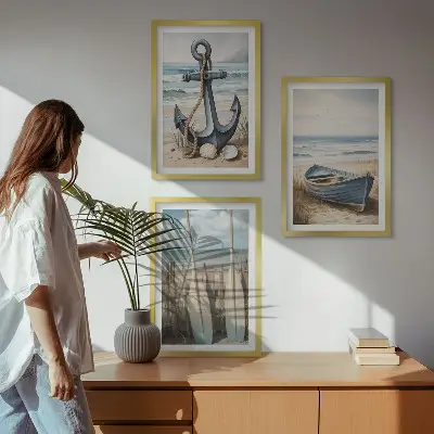 Juego de 3 cuadros con diseño de anclaje de barco, remos y temática de playa