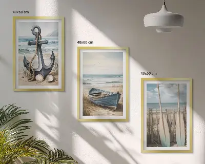 Juego de 3 cuadros con diseño de anclaje de barco, remos y temática de playa
