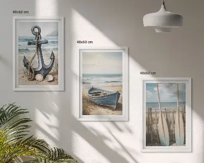 Juego de 3 cuadros con diseño de anclaje de barco, remos y temática de playa