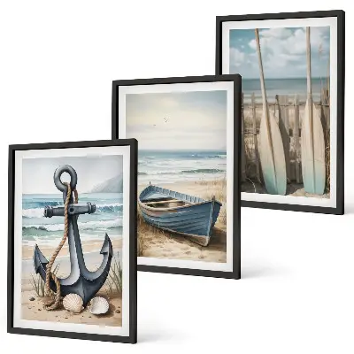 Juego de 3 cuadros con diseño de anclaje de barco, remos y temática de playa