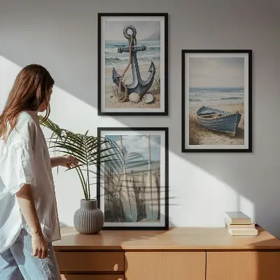 Juego de 3 cuadros con diseño de anclaje de barco, remos y temática de playa