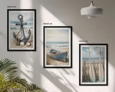 Juego de 3 cuadros con diseño de anclaje de barco, remos y temática de playa