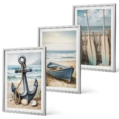 Juego de 3 cuadros con diseño de anclaje de barco, remos y temática de playa