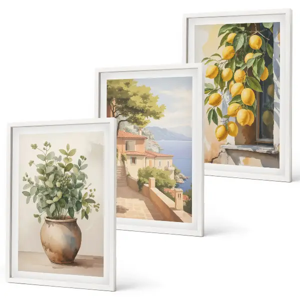 Juego de 3 cuadros flores en un jarrón con un mar de limones