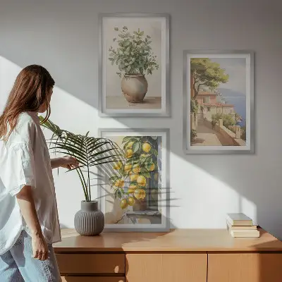 Juego de 3 cuadros flores en un jarrón con un mar de limones