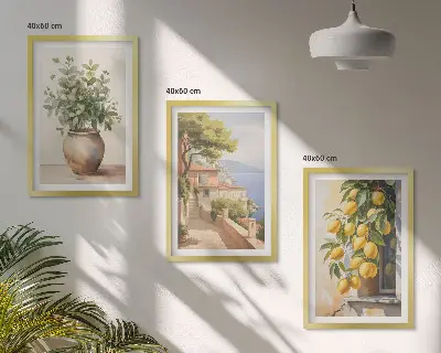 Juego de 3 cuadros flores en un jarrón con un mar de limones
