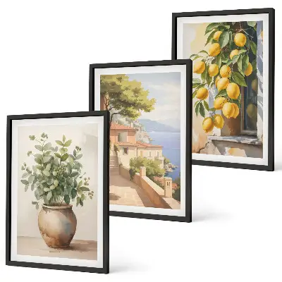 Juego de 3 cuadros flores en un jarrón con un mar de limones