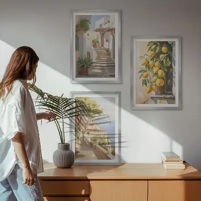 Set de 3 cuadros decorativos para salón con diseño de calles Lemon y vistas al mar