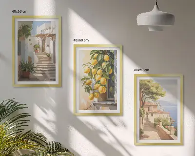 Set de 3 cuadros decorativos para salón con diseño de calles Lemon y vistas al mar