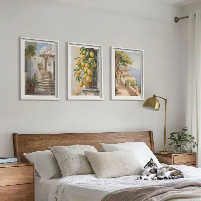 Set de 3 cuadros decorativos para salón con diseño de calles Lemon y vistas al mar
