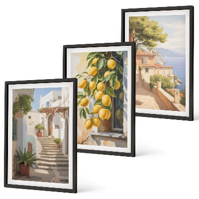 Set de 3 cuadros para salón Calles Lemon con vistas al mar